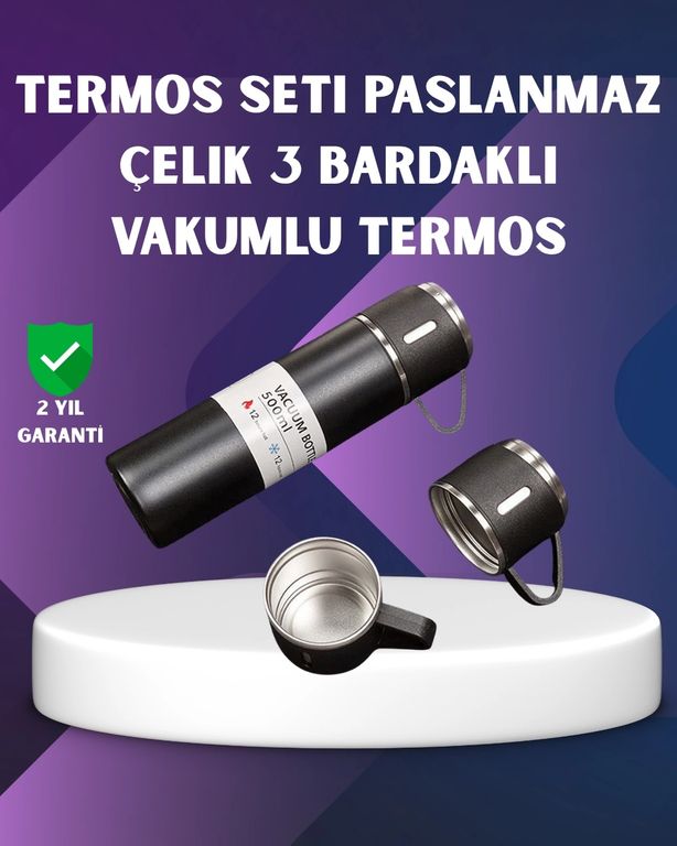 Hobibahçem MEYTDXUCZZZTERMOSSETİİ-4-BLMY Mey İthalat Paslanmaz Termos Ve İkili Bardak Seti 6-12 Saat Sıcak/soğuk Tutma Çok Renkli