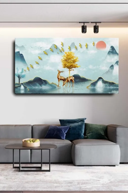 HOMEARTHS HOMEARTHSKANVASTABLO00308 Dekoratif Soyut Altın Geyik Ve Kuşlar Sürreal Kanvas Duvar Tablosu