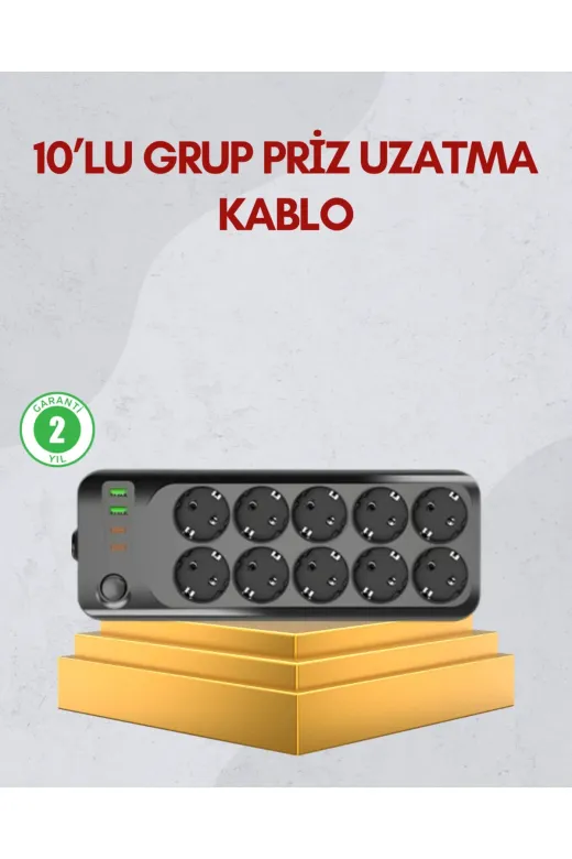 Hsc bilişim klt8912733590852 10 Prizli Uzatma Kablosu Termal Koruma Usb Type-C Hızlı Şarj 2500W