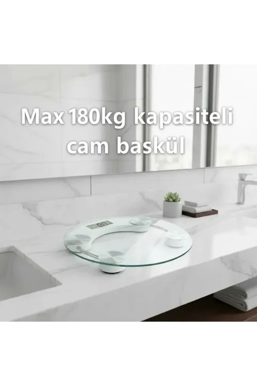 Hsc bilişim klt8912733639681 Yuvarlak Şeffaf Dijital Cam Baskül Tartı – 180 Kg Taşıma Kapasitesi, Hassas Ölçüm, Şık Tasarım Teraz
