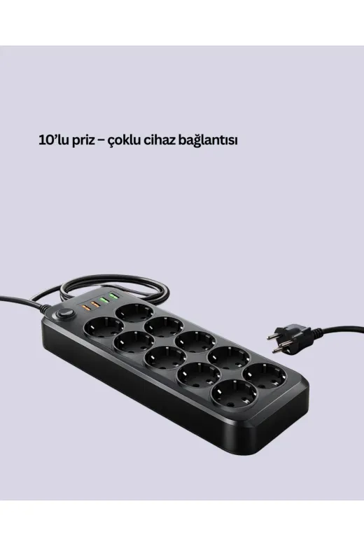 Hsc bilişim klt8912733676723 Usb Type-C Destekli 10’Lu Grup Priz Termal Korumalı 2M Kablo 2500W
