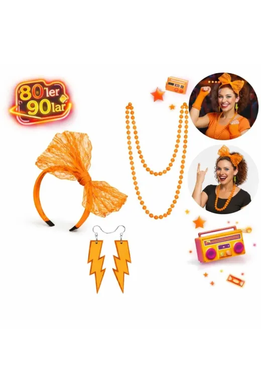 Hsc bilişim mptSM20SM16SMRG138G139G140-T 80’Ler 90’Lar Neon Turuncu Parti Seti – Kolye Küpe Taç