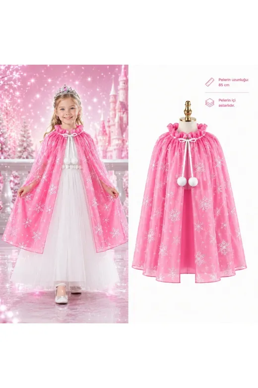 Hsc bilişim mptSM20SM16SMRX26ADS Kar Tanesi Desenli Pembe Elsa Pelerini - Astarlı Frozen Pelerini 85 Cm