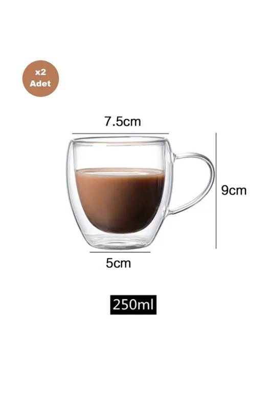 HubbyChef 20CDRLIKULP01 Çift Camlı Cidarlı Cam Kupa 250Ml Ev Ofis Fincanı Çift Katlı Isı Yalıtımlı Kulplu Cam Bardak 2Li Set