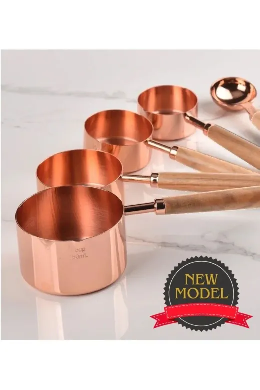 HubbyChef 20RZGOLDOLCSET002 Roza-Gold Ölçü Kaşığı Seti 4Lü Ahşap Saplı Ölçü Kabı