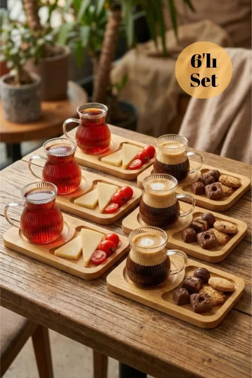 HubbyChef 22BMCYTBG01 6Lı Bambu Servis Tabaklı Çay Kahve Bardağı 150Ml