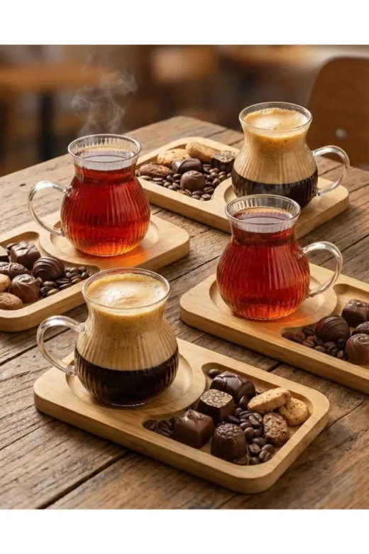 HubbyChef 22BMCYTBG01 6Lı Bambu Servis Tabaklı Çay Kahve Bardağı 150Ml