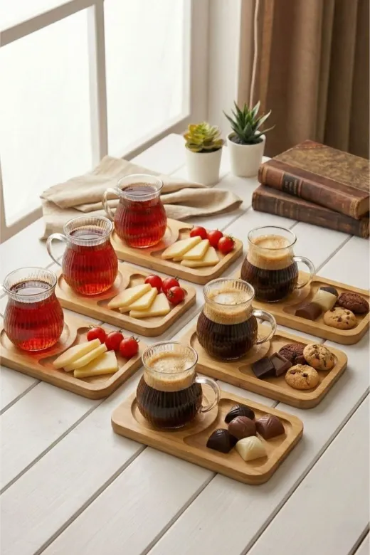 HubbyChef 22BMCYTBG01 6Lı Bambu Servis Tabaklı Çay Kahve Bardağı 150Ml