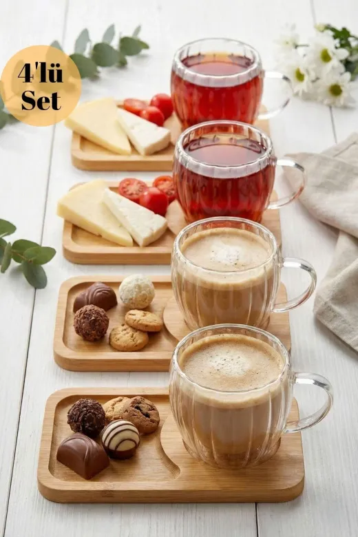 HubbyChef 22CDRBMTBK01 4'lü Bambu Tabaklı Cidarlı Espresso Kahve Bardağı