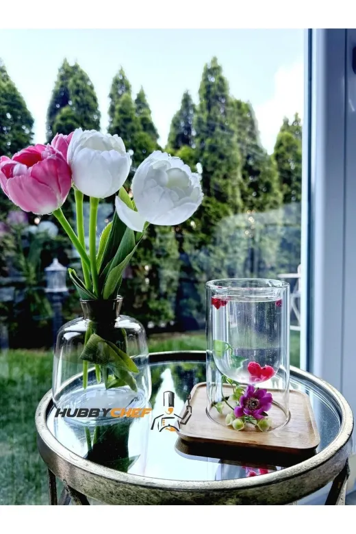 HubbyChef 22CFTCDSNM02 Çift Camlı Sunum Servis Bardağı Mumluk -Bambu Sunum Tabaklı Ve Kapaklı 2Li Set