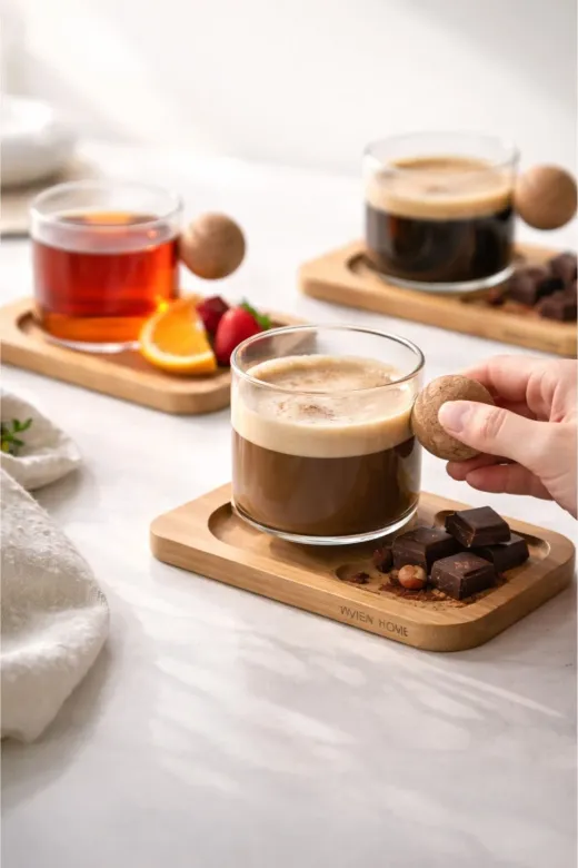 HubbyChef 22ESPBMBRD01 6'lı Bambu Tabaklı Espresso Kahve Bardağı Takımı