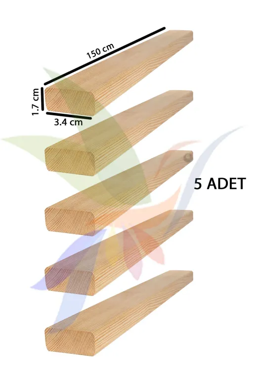 Huzur Ahşap 00211 5 Adet Silinmiş, Yanları Pahlı, 1.7Cm X 3.4Cm X 150 Cm Hobi Çıtası, Bahçe Ahşap Dekor Çit Raf