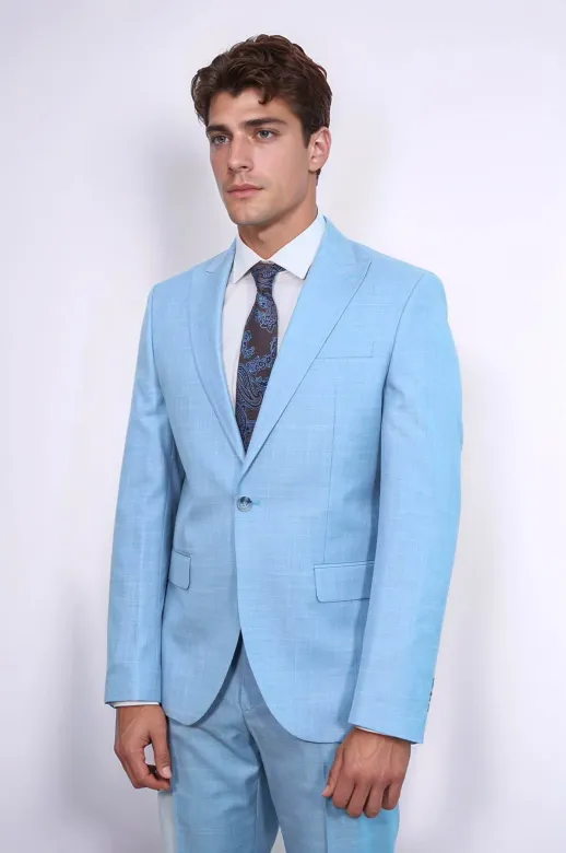 İki Parça Slim Fit Tek Düğmeli Açık Mavi Erkek Takım Elbise - Wessi