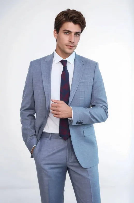 İki Parça Slim Fit Tek Düğmeli Gri Mavi Erkek Takım Elbise