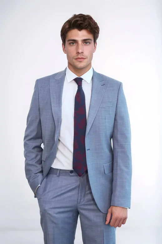 İki Parça Slim Fit Tek Düğmeli Gri Mavi Erkek Takım Elbise