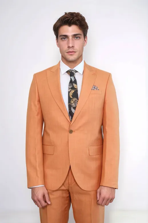 İki Parça Slim Fit Tek Düğmeli Hardal Sarısı Erkek Takım Elbise - Wessi