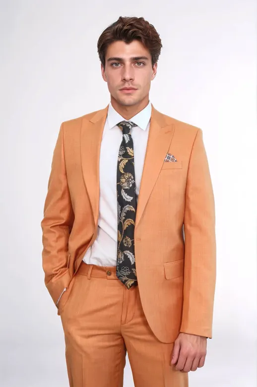 İki Parça Slim Fit Tek Düğmeli Hardal Sarısı Erkek Takım Elbise - Wessi
