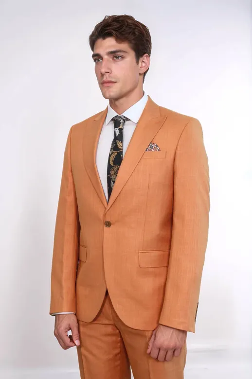 İki Parça Slim Fit Tek Düğmeli Hardal Sarısı Erkek Takım Elbise - Wessi