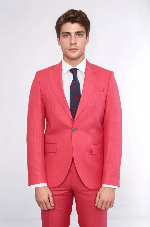 İki Parça Slim Fit Tek Düğmeli Mercan Kırmızısı Erkek Takım Elbise - Wessi