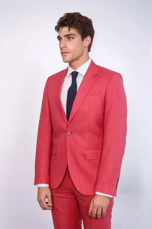 İki Parça Slim Fit Tek Düğmeli Mercan Kırmızısı Erkek Takım Elbise - Wessi