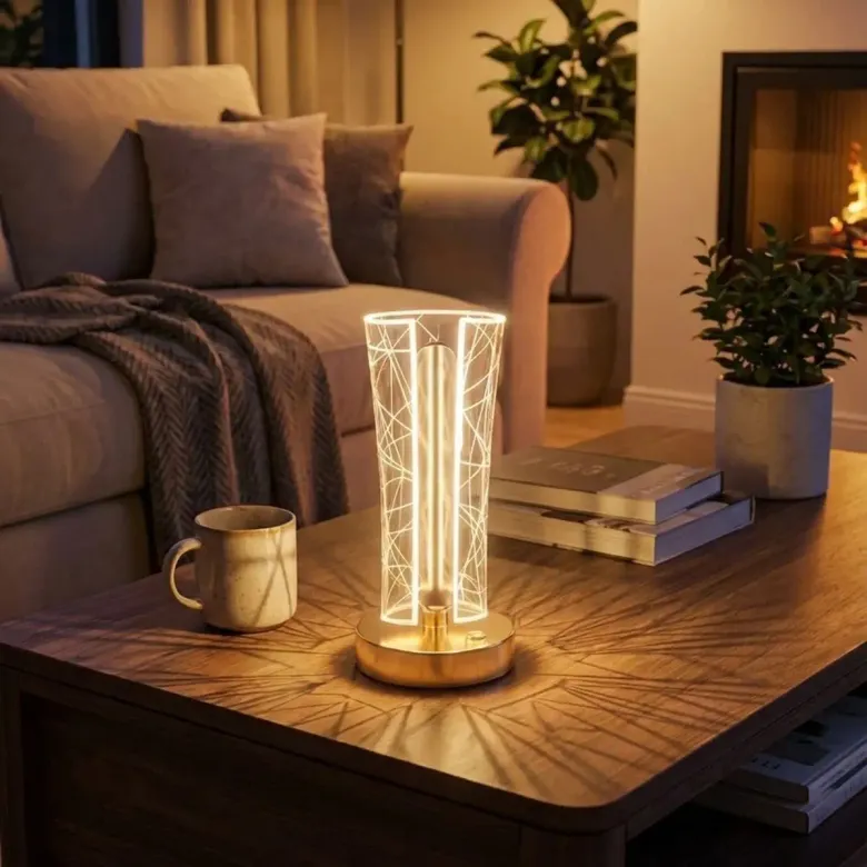 İki Yandan Kavisli Silindirik Geometrik Çizgi Model Kristal LED Masa Lambası – Dokunmatik, 3 Renk Işık Modlu, Şarjlı Dekoratif Gece Lambası (4745)