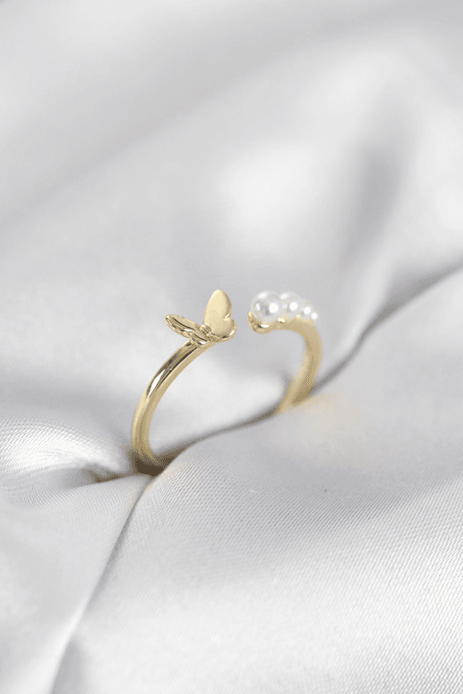İncili Kelebek Model Gold Renk Pirinç Kadın Yüzük