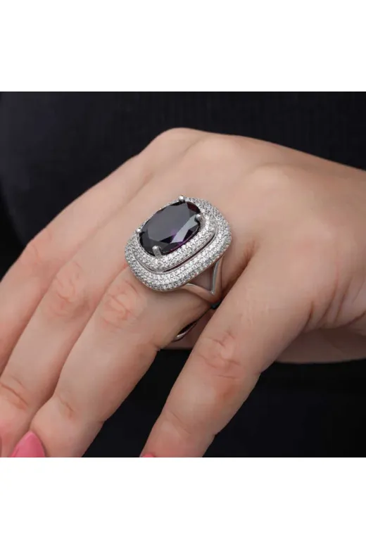 INFİVENTO INF-T8582 Nidam Butik Gümüş Ametist Taşlı Kadın Yüzük