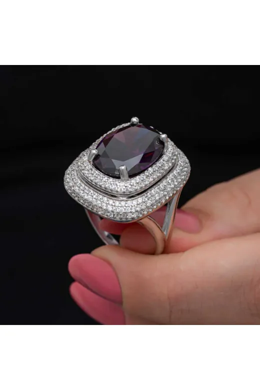 INFİVENTO INF-T8582 Nidam Butik Gümüş Ametist Taşlı Kadın Yüzük