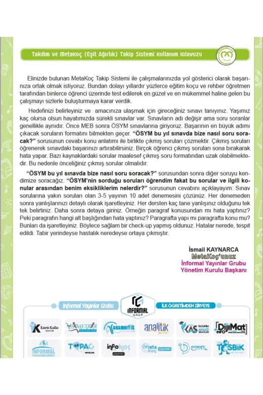 İnformal Yayınları METAKOC11SINIFtmTKPEA4046Y 2026 11.sınıf Eşit Ağırlık-Tm Öğrenci Takip Sistemi (40 Haftalık, Detaylı, Konu Soru Video Takip)