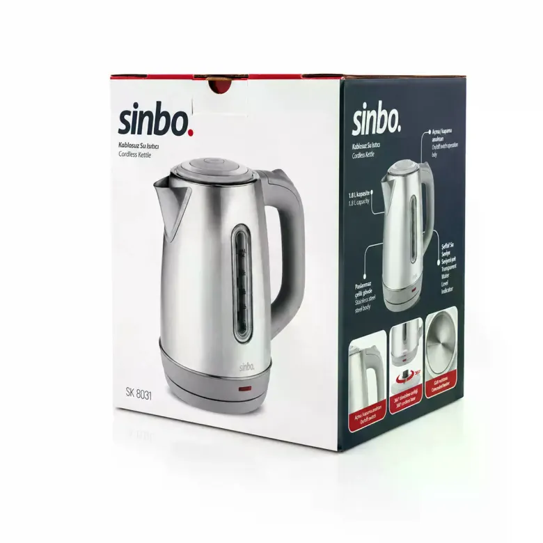 İnoks Çelik Kettle Su Isıtıcısı Kablosuz Kullanım 1.8LT 360° Dönebilme Otomatik Kapanma SK-8031