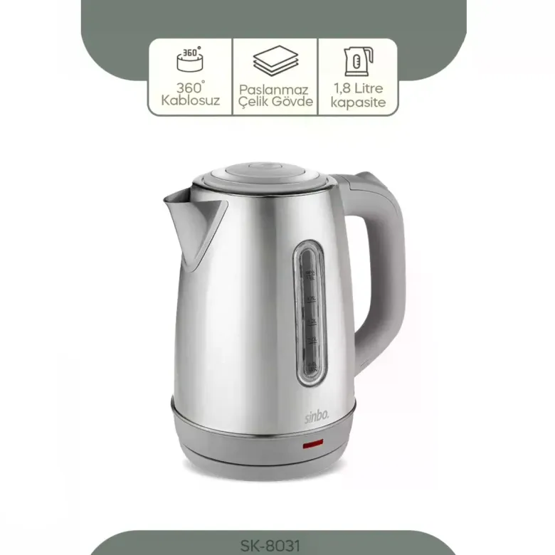 İnoks Çelik Kettle Su Isıtıcısı Kablosuz Kullanım 1.8LT 360° Dönebilme Otomatik Kapanma SK-8031