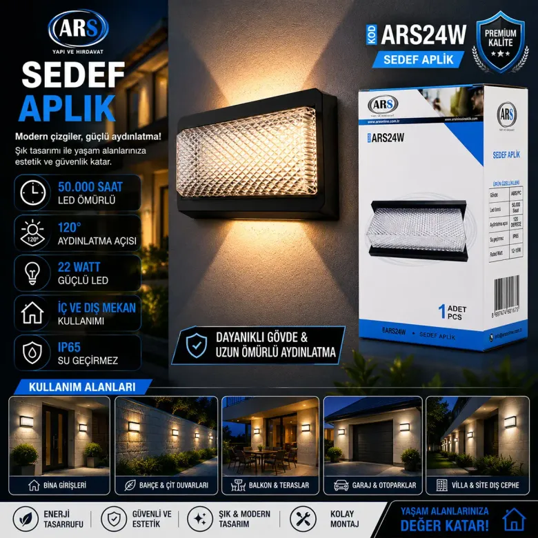 IP66 50.000 SAAT LED ÖMRÜ 22W SEDEF LED APLİK DUVAR LAMBASI ARS-348953 (4745)