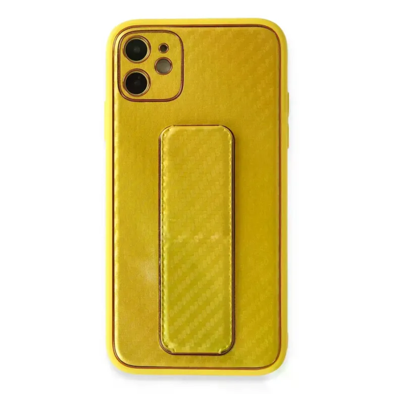 İphone 12 Kılıf Coco Karbon Standlı Kapak - Sarı