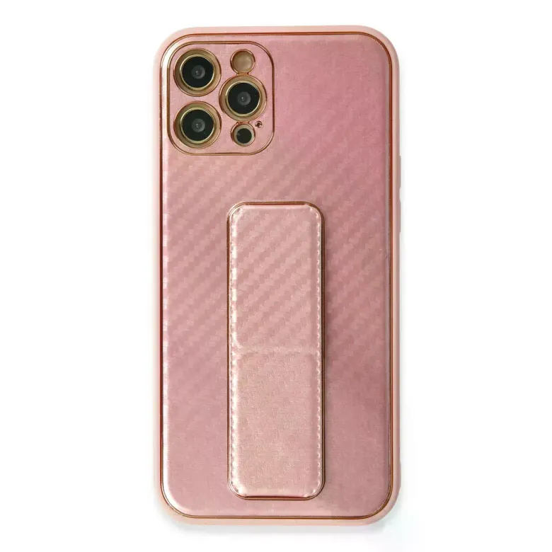 İphone 12 Pro Kılıf Coco Karbon Standlı Kapak - Pembe