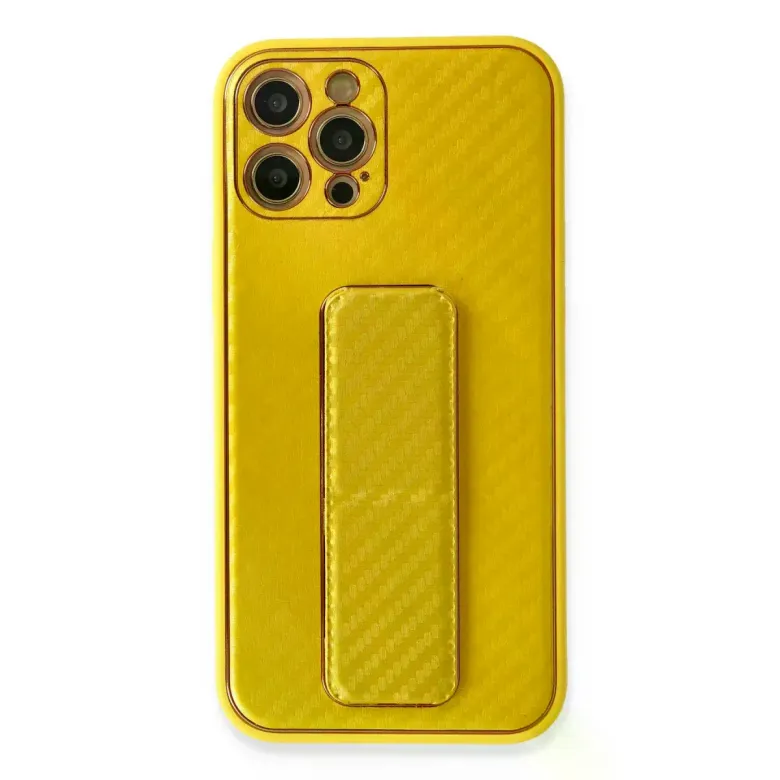 İphone 12 Pro Kılıf Coco Karbon Standlı Kapak - Sarı