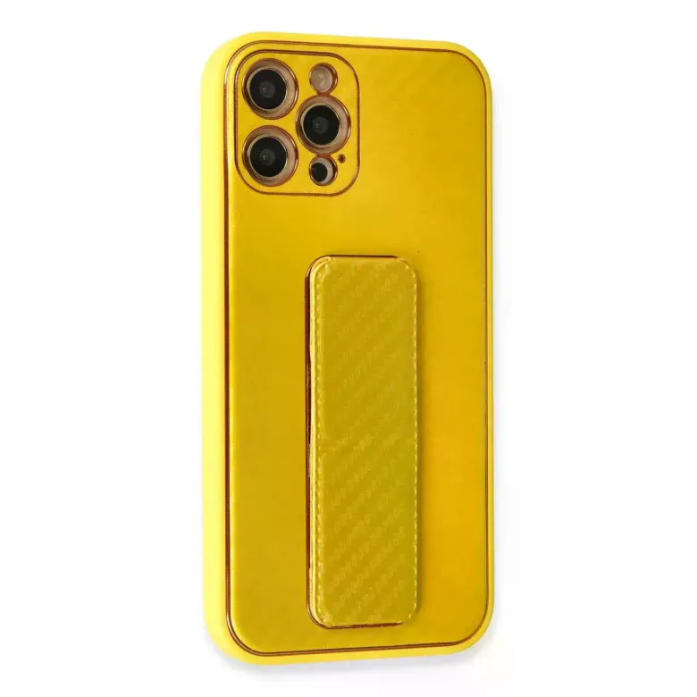 İphone 12 Pro Kılıf Coco Karbon Standlı Kapak - Sarı