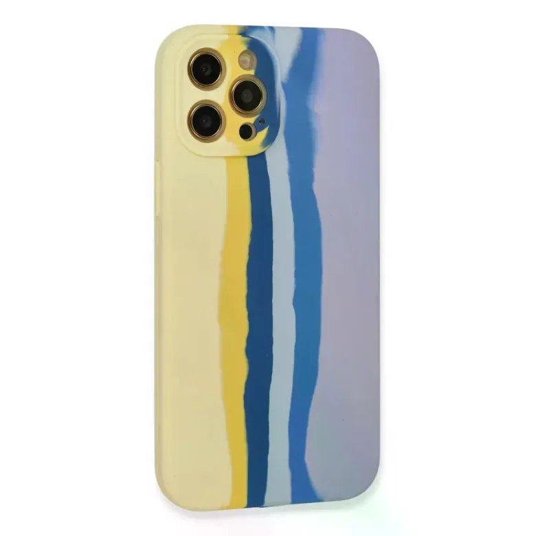 İphone 12 Pro Max Kılıf Ebruli Lansman Silikon - Sarı-lila