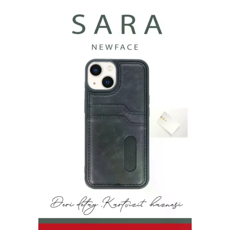 İphone 14 Kılıf Sara Kartvizitli Deri Kılıf - Koyu Yeşil
