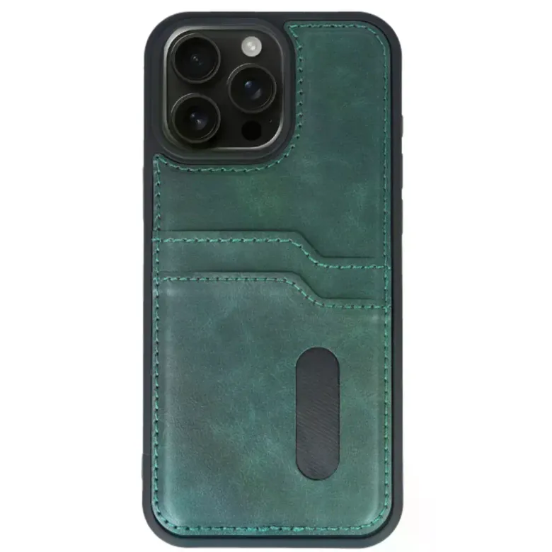 İphone 14 Pro Max Kılıf Sara Kartvizitli Deri Kılıf - Koyu Yeşil