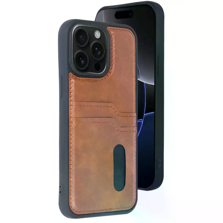 İphone 14 Pro Max Kılıf Sara Kartvizitli Deri Kılıf - Taba