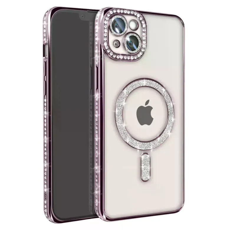 iPhone 15 Kılıf Joke Simli Magneticsafe Kılıf - Derin Mor
