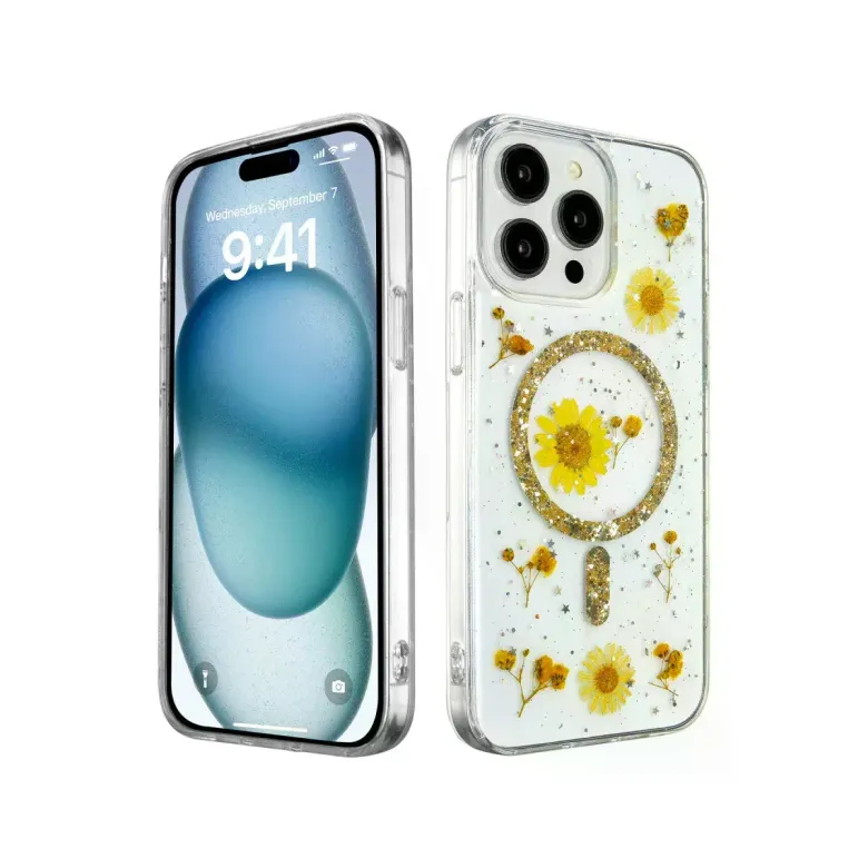 İphone 15 Pro Max Kılıf Daisy Simli Magsafe Kapak - Gold