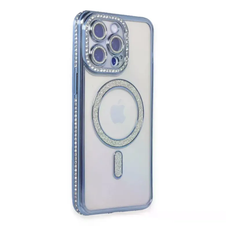 iPhone 15 Pro Max Kılıf Joke Simli Magneticsafe Kılıf - Mavi