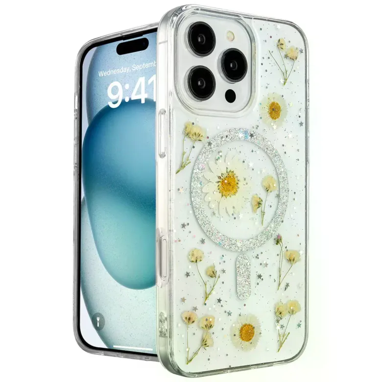 İphone 16 Pro Kılıf Daisy Simli Magsafe Kapak - Gümüş