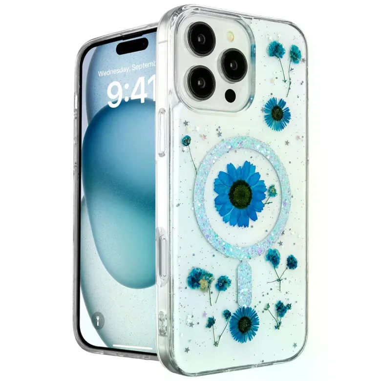 İphone 16 Pro Max Kılıf Daisy Simli Magsafe Kapak - Mavi