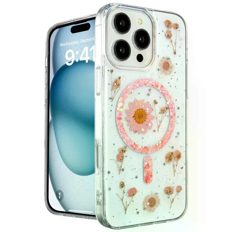 İphone 16 Pro Max Kılıf Daisy Simli Magsafe Kapak - Pembe