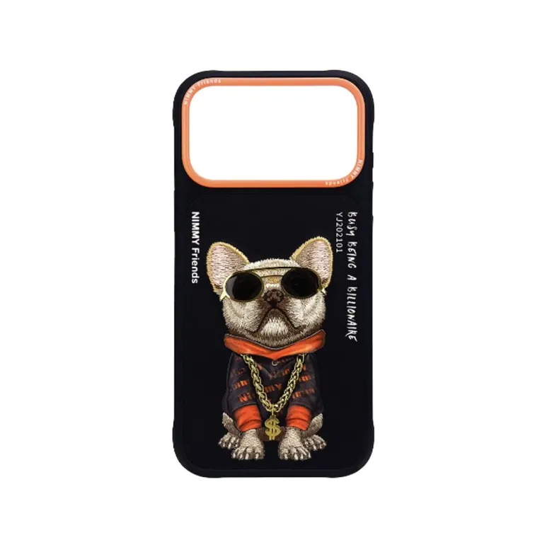 iPhone 17 Uyumlu 3D Gözlük Zincir Köpek Detaylı Nakış İşlemeli Kabartmalı Cool Glasses Kılıf