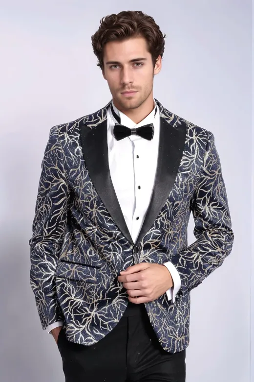 Işıltılı Sarmaşık Desenli Slim Fit Lacivert Erkek Smokin Ceket - Wessi