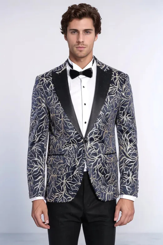 Işıltılı Sarmaşık Desenli Slim Fit Lacivert Erkek Smokin Ceket - Wessi