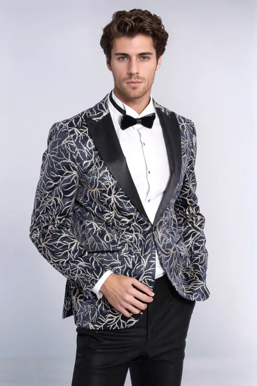 Işıltılı Sarmaşık Desenli Slim Fit Lacivert Erkek Smokin Ceket - Wessi